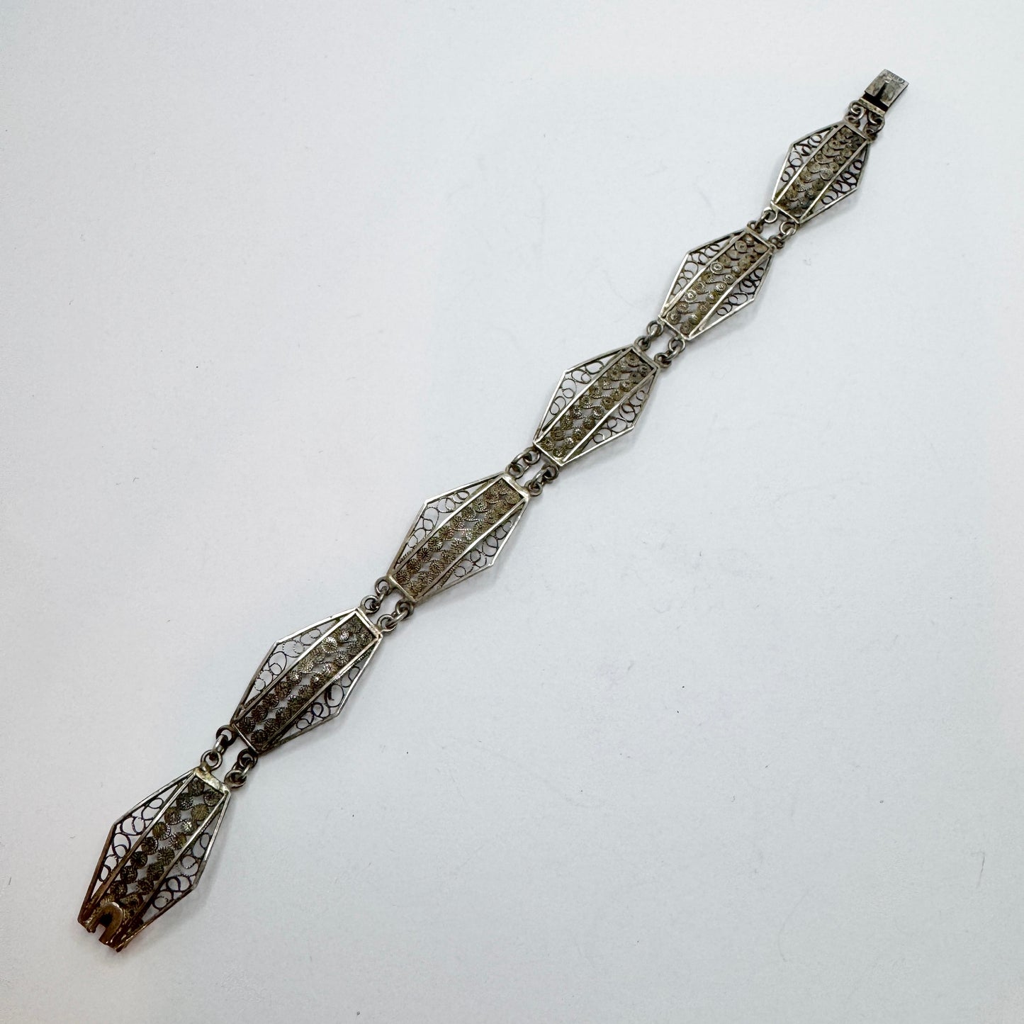 Italy 1920s. Antique Solid Silver Filigree Art Nouveau Art Deco Transition Bracelet.