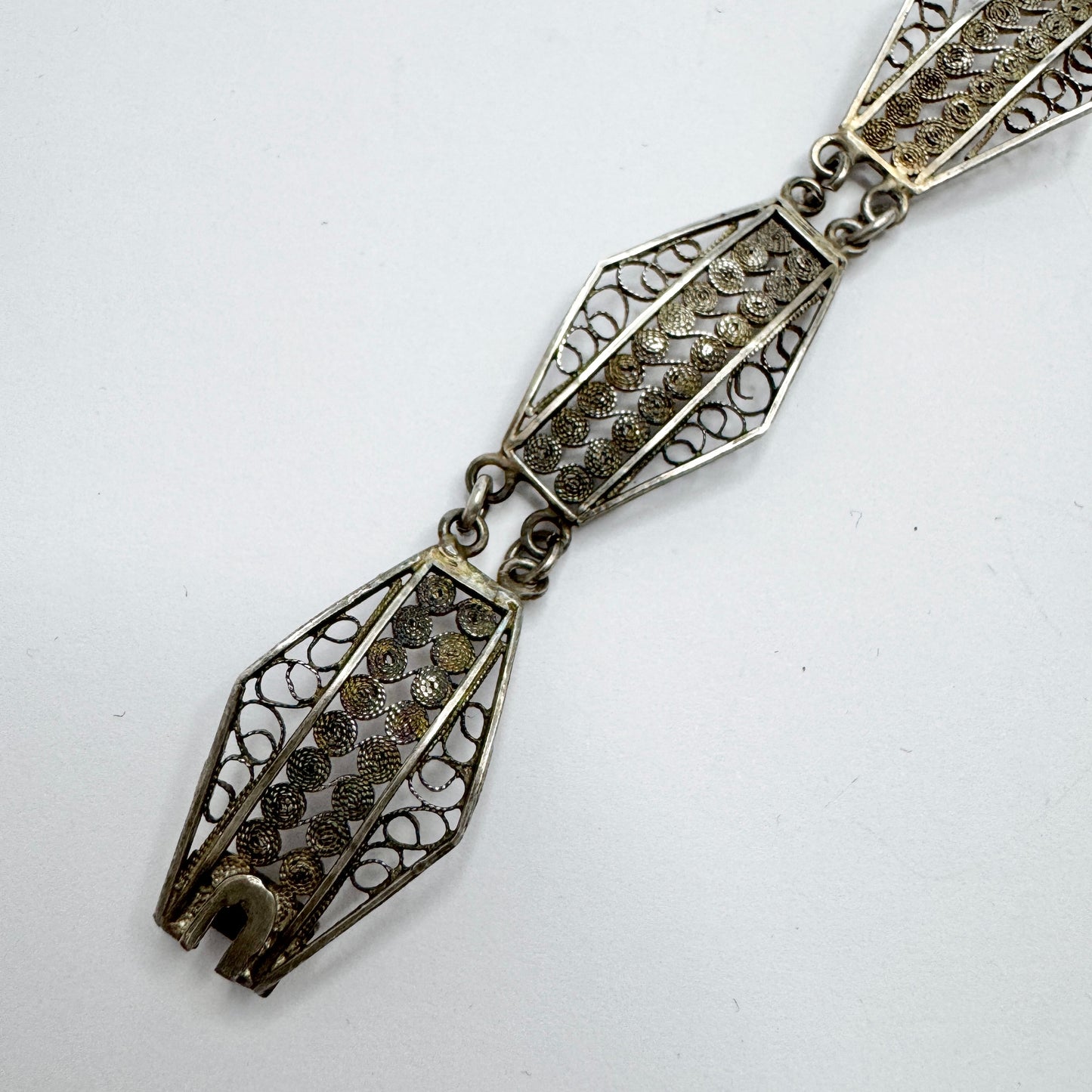 Italy 1920s. Antique Solid Silver Filigree Art Nouveau Art Deco Transition Bracelet.