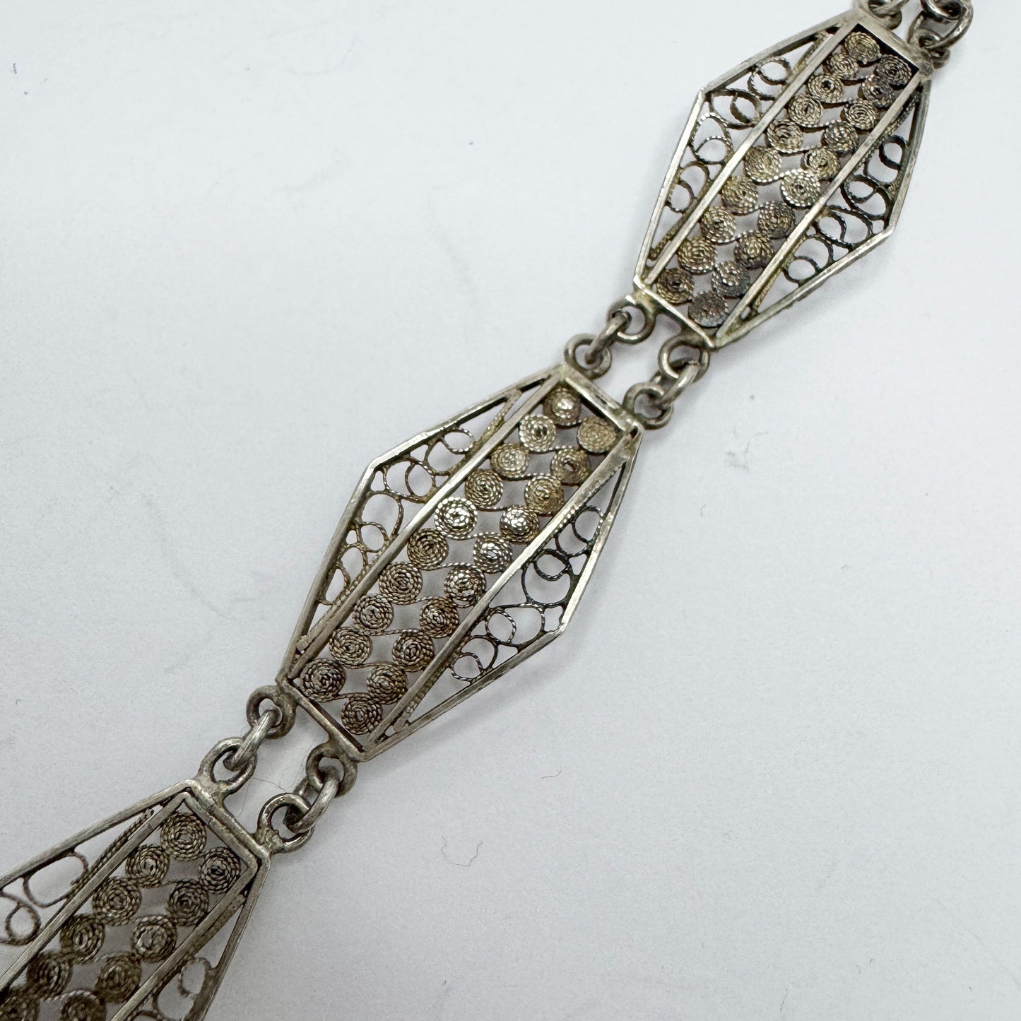 Italy 1920s. Antique Solid Silver Filigree Art Nouveau Art Deco Transition Bracelet.