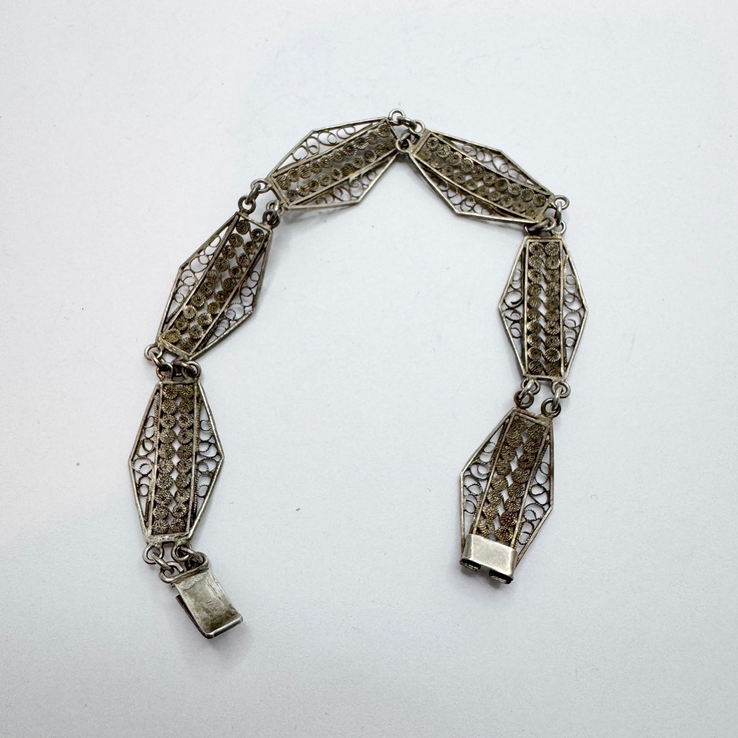 Italy 1920s. Antique Solid Silver Filigree Art Nouveau Art Deco Transition Bracelet.