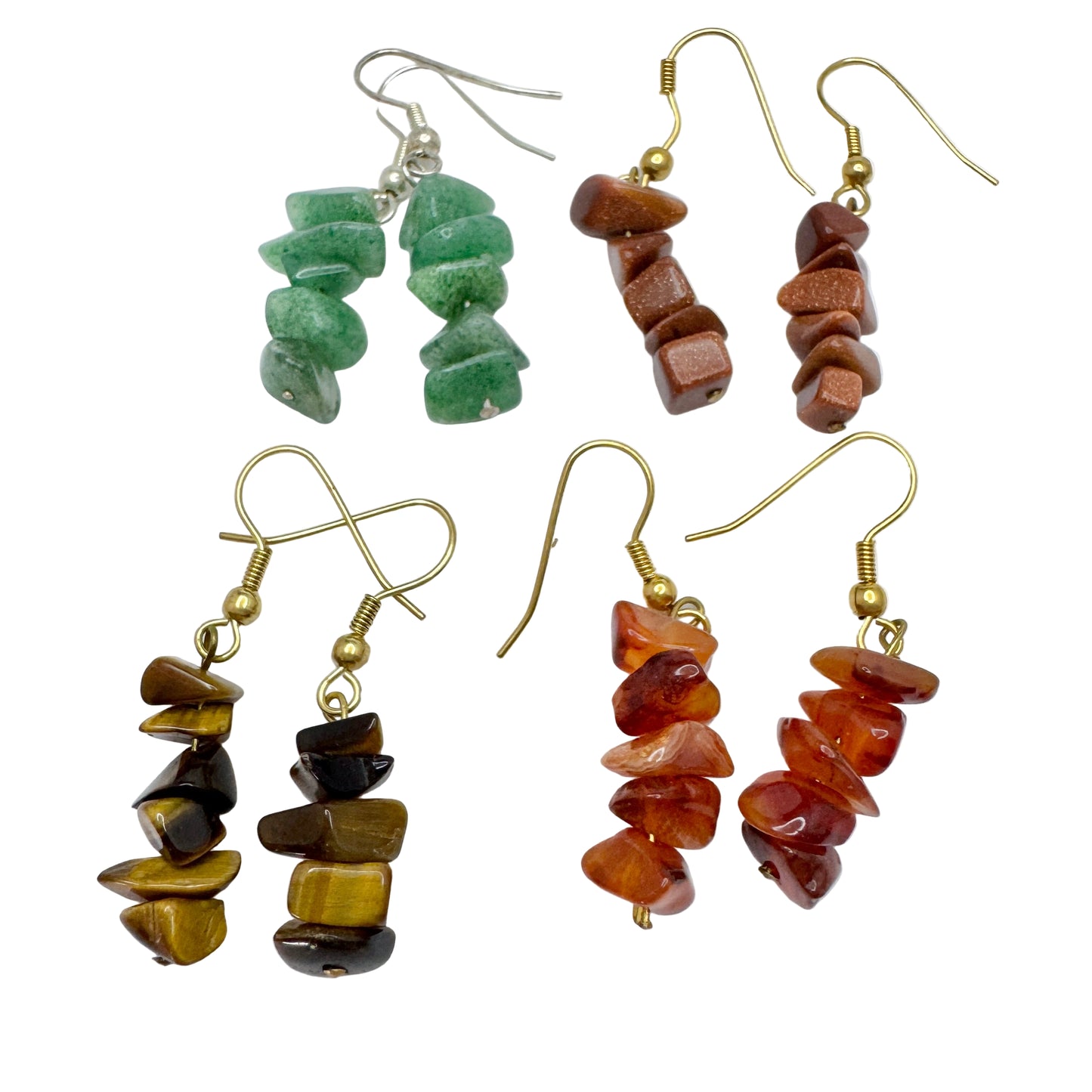 Four Pair of Earrings. Aventurine. Tiger's Eye. Carnelian and Goldstone.