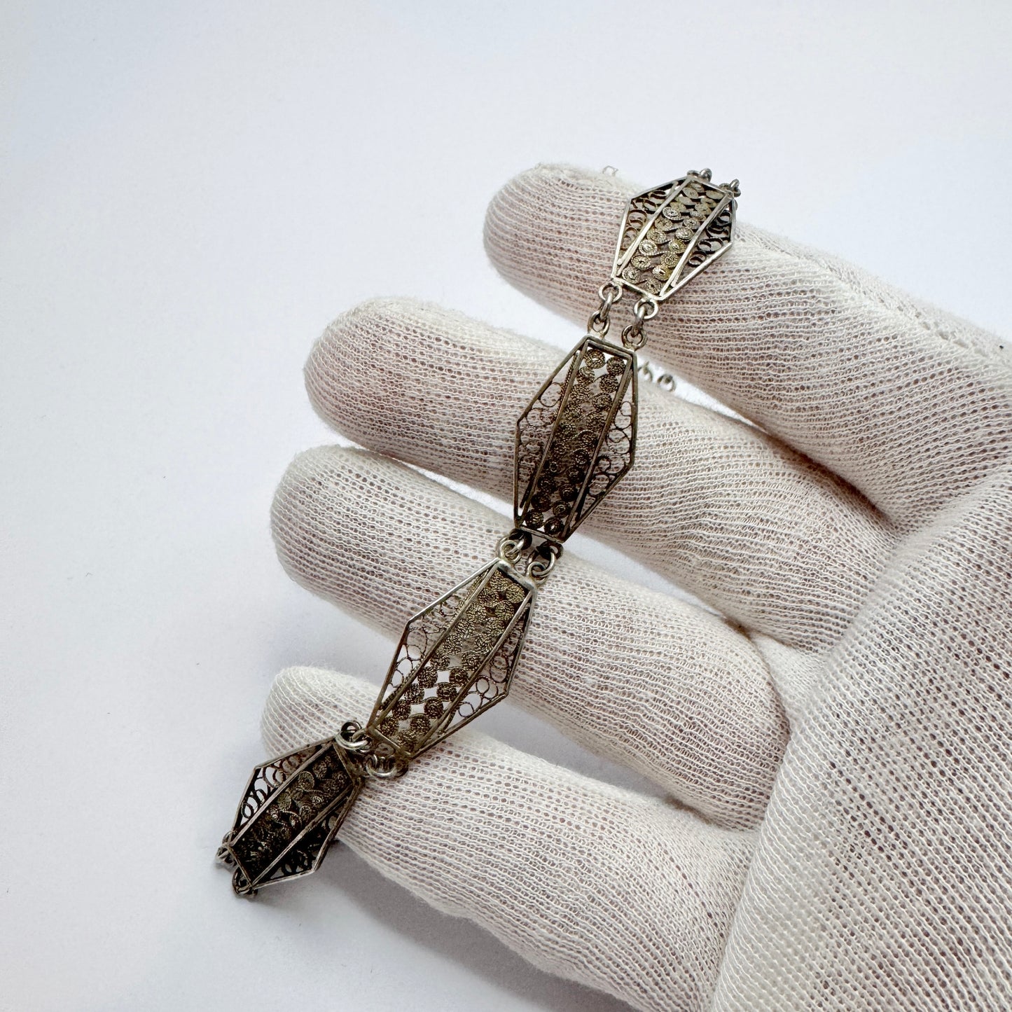 Italy 1920s. Antique Solid Silver Filigree Art Nouveau Art Deco Transition Bracelet.