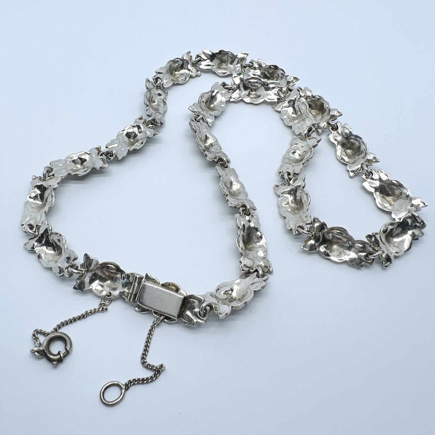 Sweden 1940s. Vintage Solid Silver Marcasite Rose Flower Necklace.