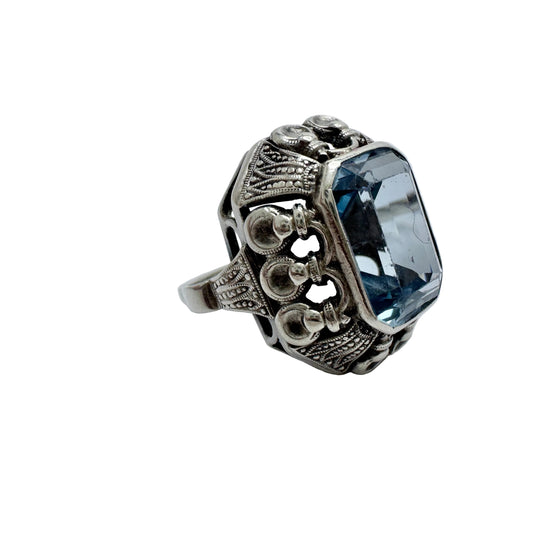 Vintage 1940s. Solid Silver Blue Synthetic Spinel Cocktail Ring.