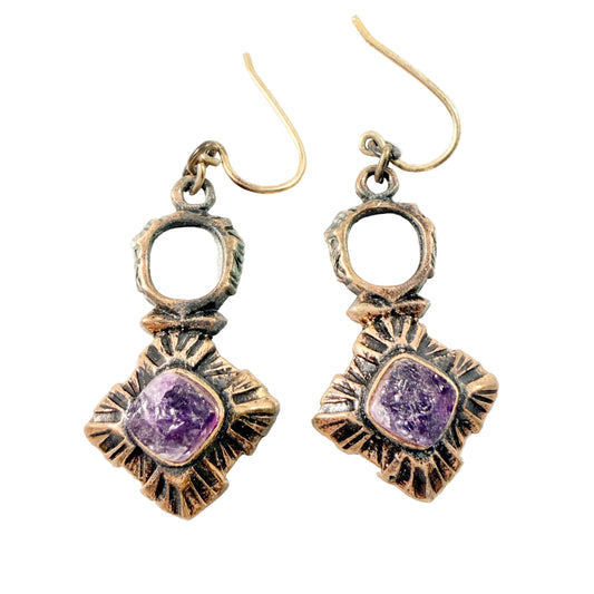 Pentti Sarpaneva, Finland 1970s. Vintage Bronze Raw Amethyst Earrings.