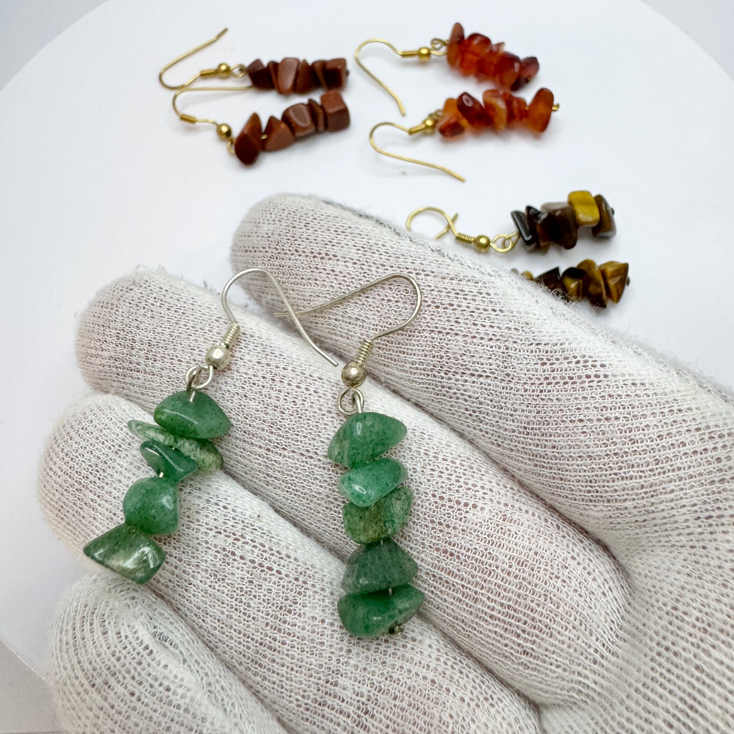 Four Pair of Earrings. Aventurine. Tiger's Eye. Carnelian and Goldstone.