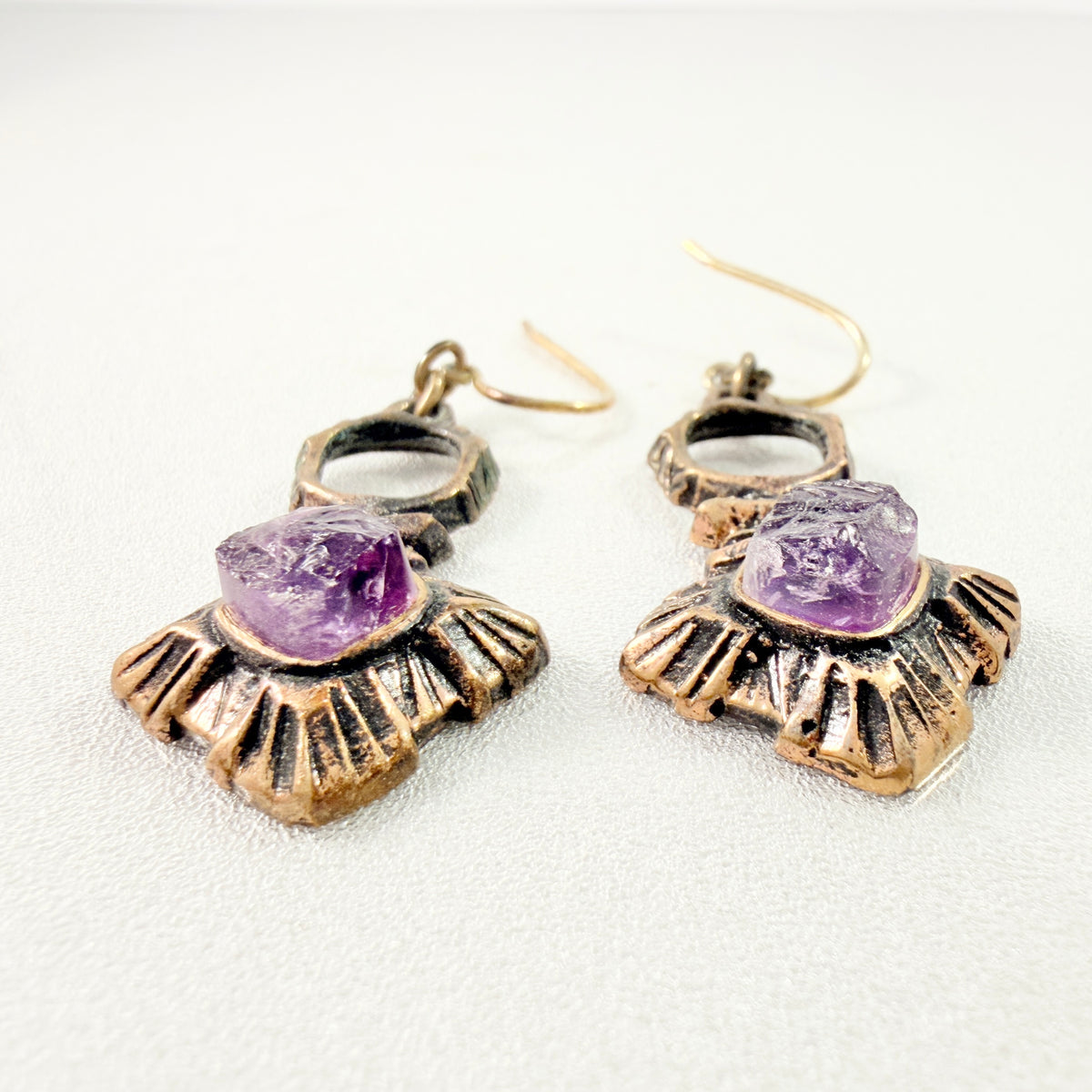 Pentti Sarpaneva, Finland 1970s. Vintage Bronze Raw Amethyst Earrings.