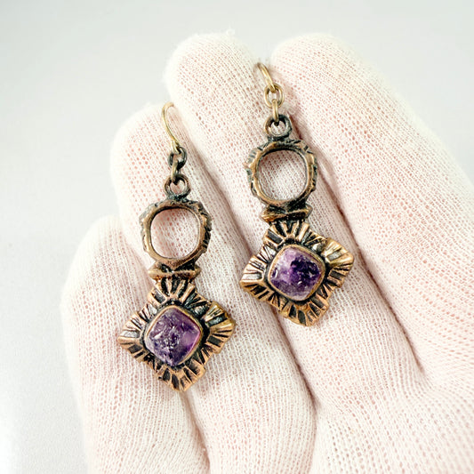 Pentti Sarpaneva, Finland 1970s. Vintage Bronze Raw Amethyst Earrings.