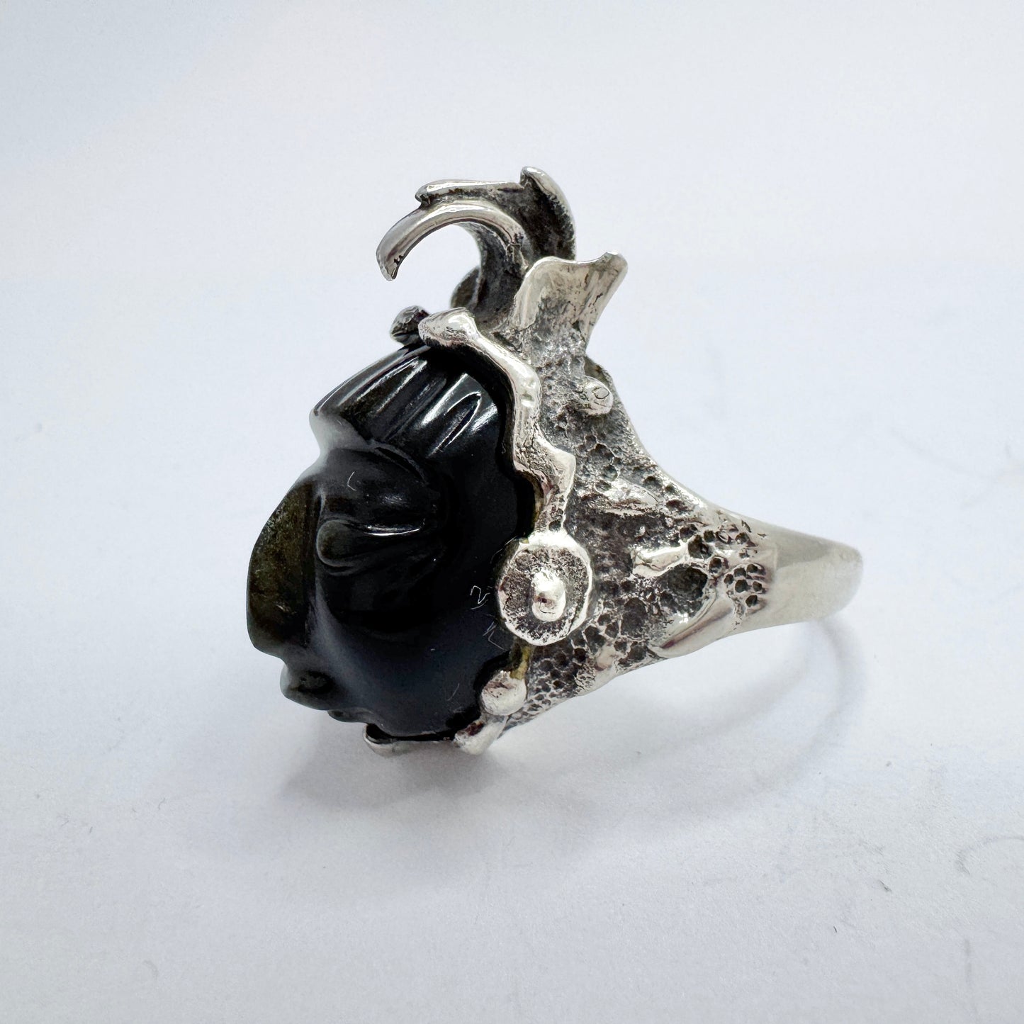 Mexico. Vintage Sterling 950 Silver Carved Obsidian Face Ring.