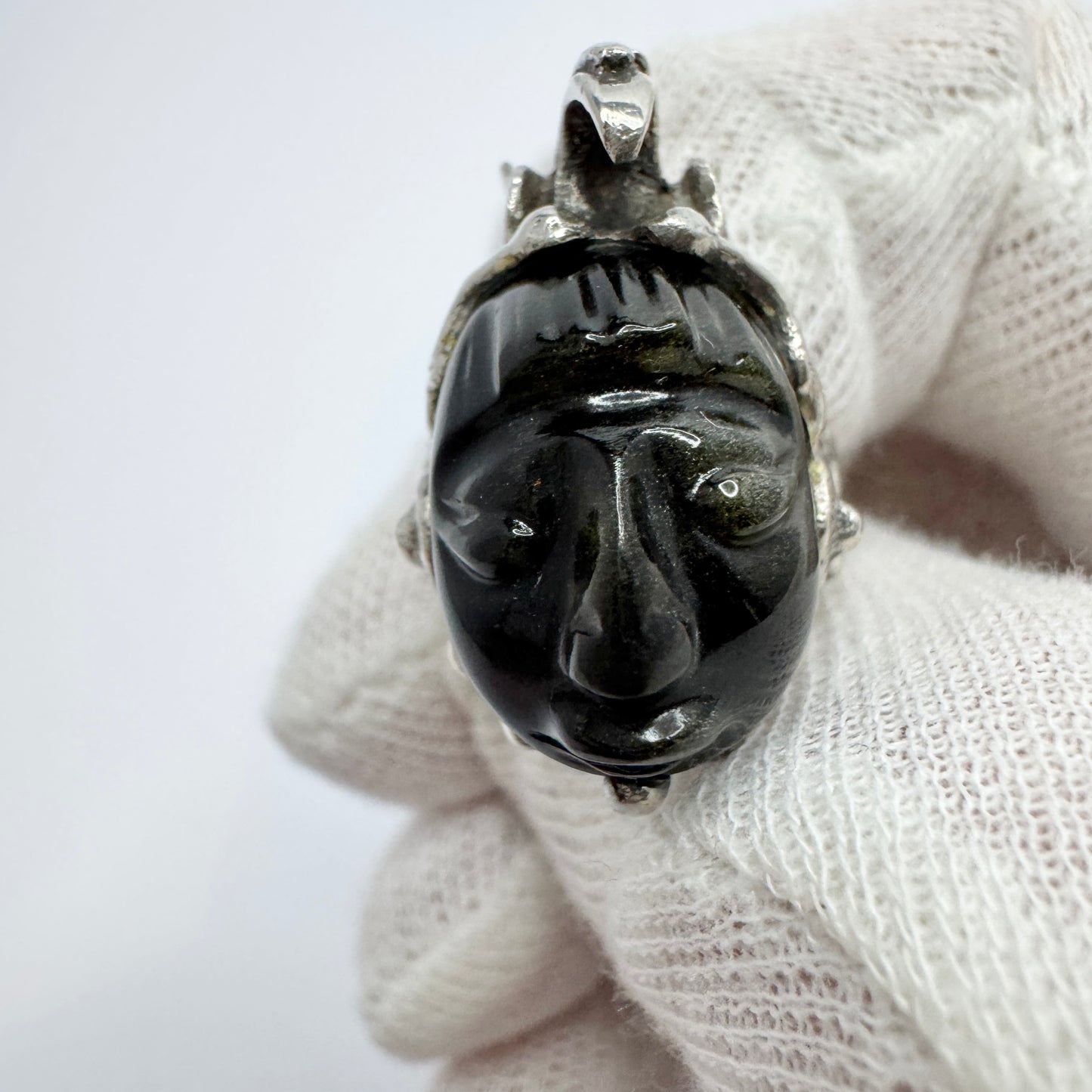 Mexico. Vintage Sterling 950 Silver Carved Obsidian Face Ring.