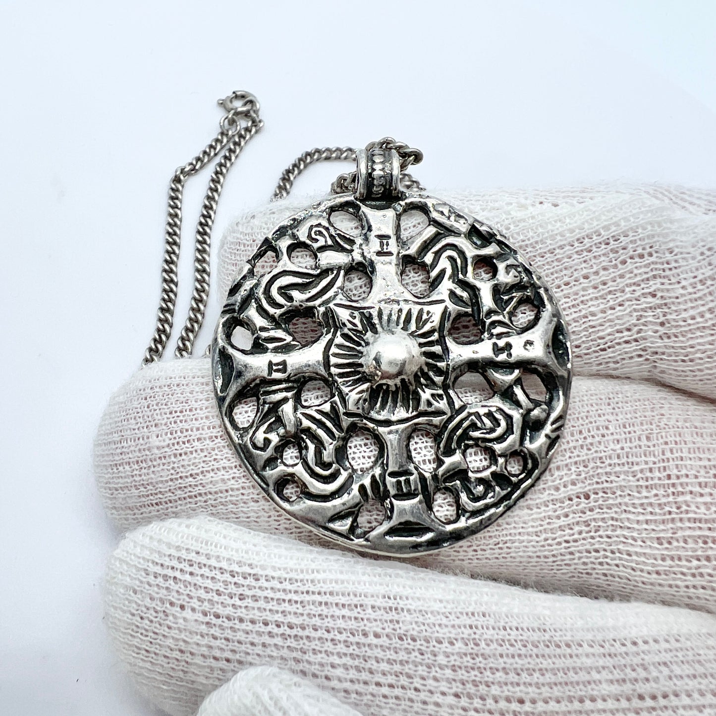 Sweden year 1980. Vintage Sterling Silver Viking Copy Pendant Necklace.