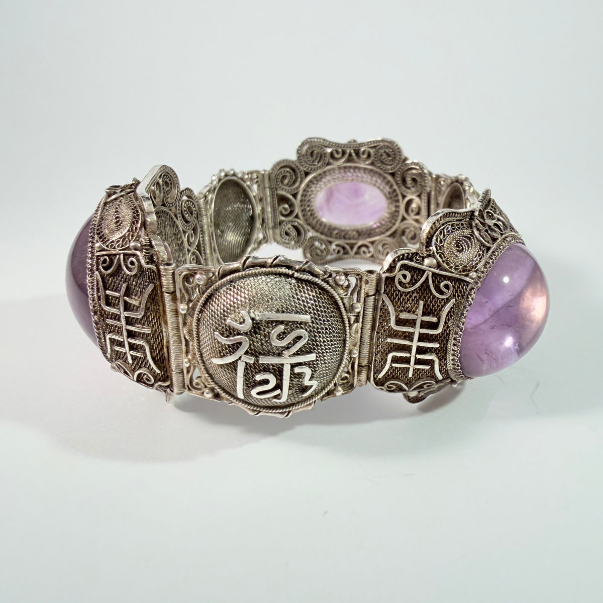 Chinese Export ca 1950s. Bold Vintage Solid Silver Filigree Amethyst Bracelet.