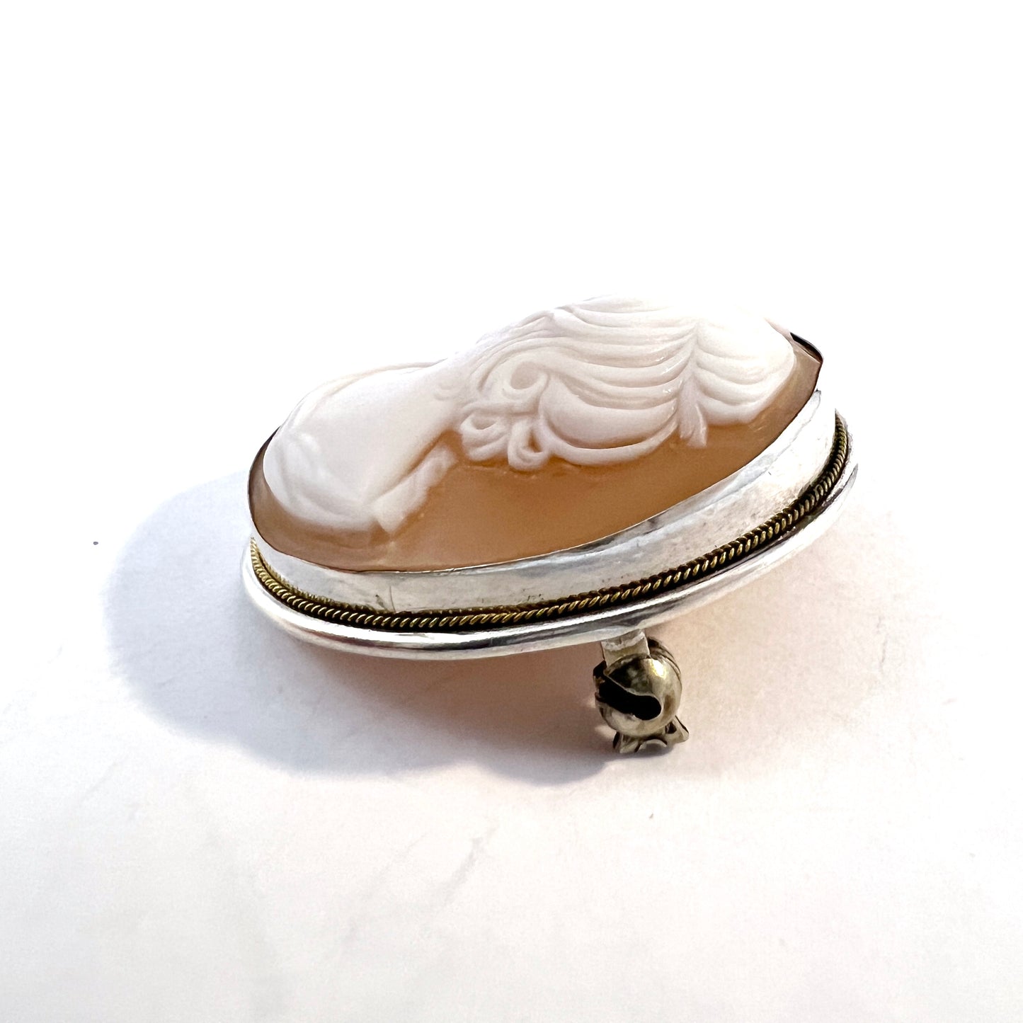 Vintage c 1940s Solid 800 Silver Cameo Brooch Pendant.