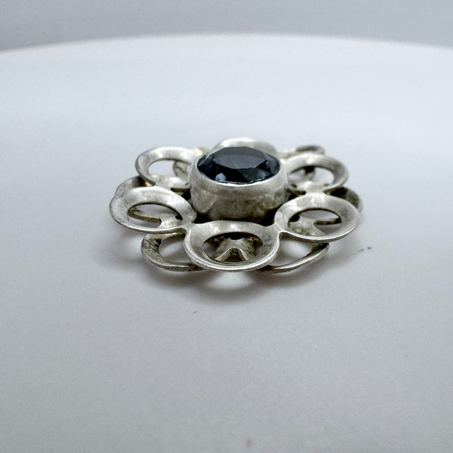 Finland ca 1960s. Vintage Solid Silver Synthetic Blue Spinel Pendant.