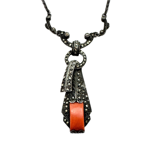 Vintage Art Deco Solid Silver Coral Marcasite Pendant Necklace.