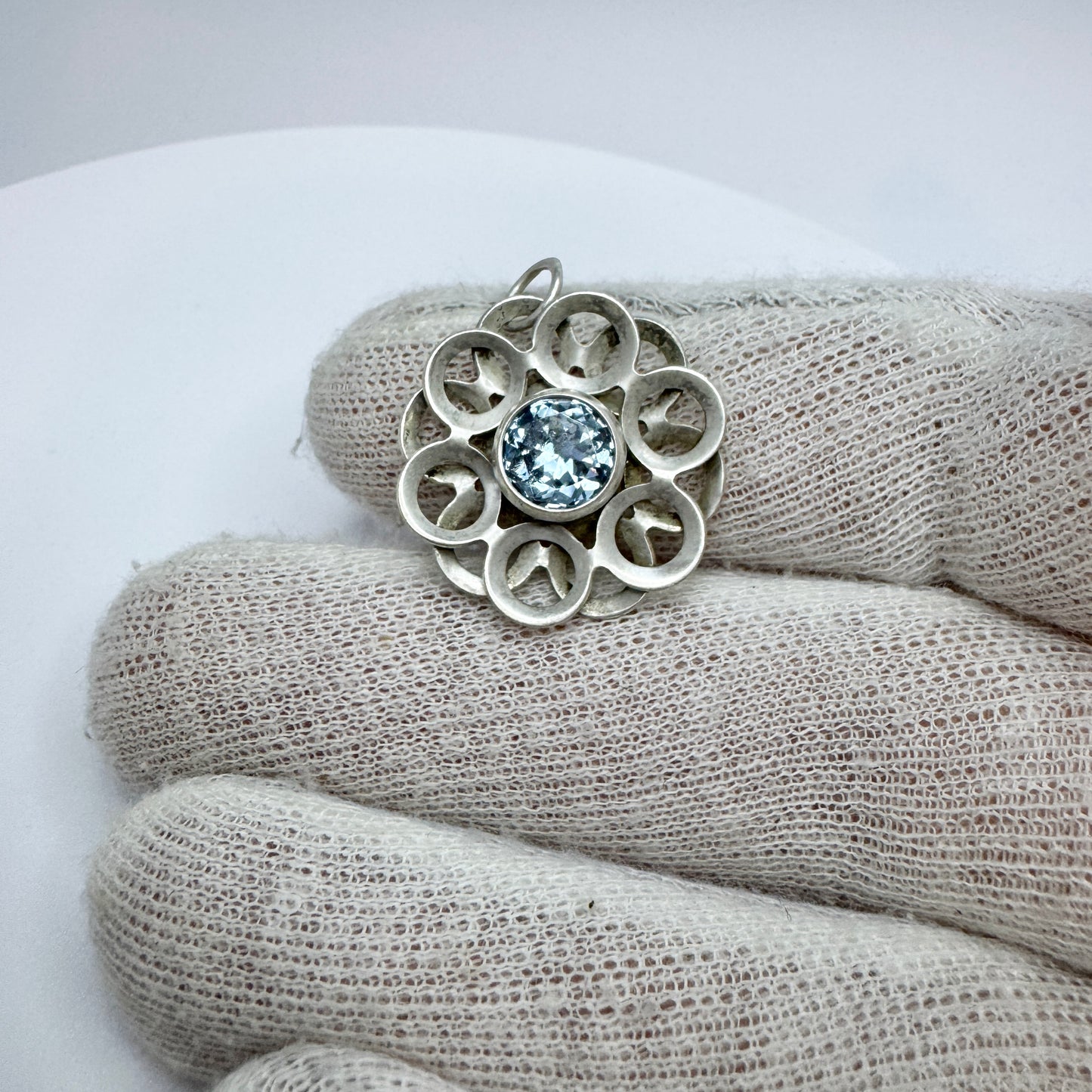 Finland ca 1960s. Vintage Solid Silver Synthetic Blue Spinel Pendant.