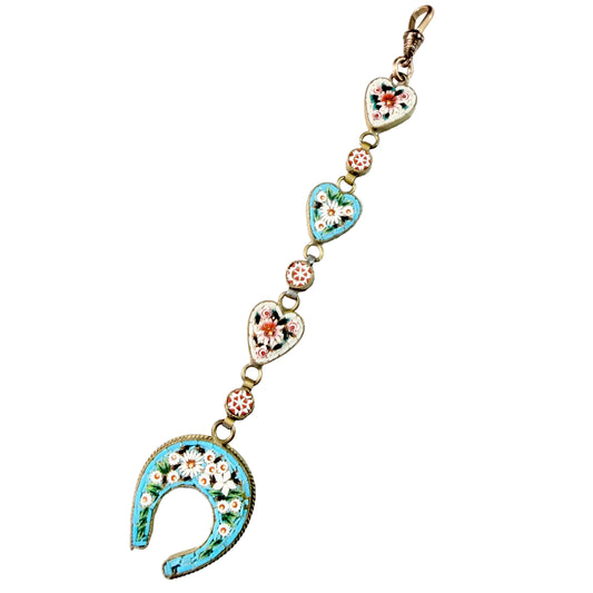 Italy early 1900s. Antique / Vintage Micro Mosaic Lucky Horseshoe Watch Chatelaine Fob.