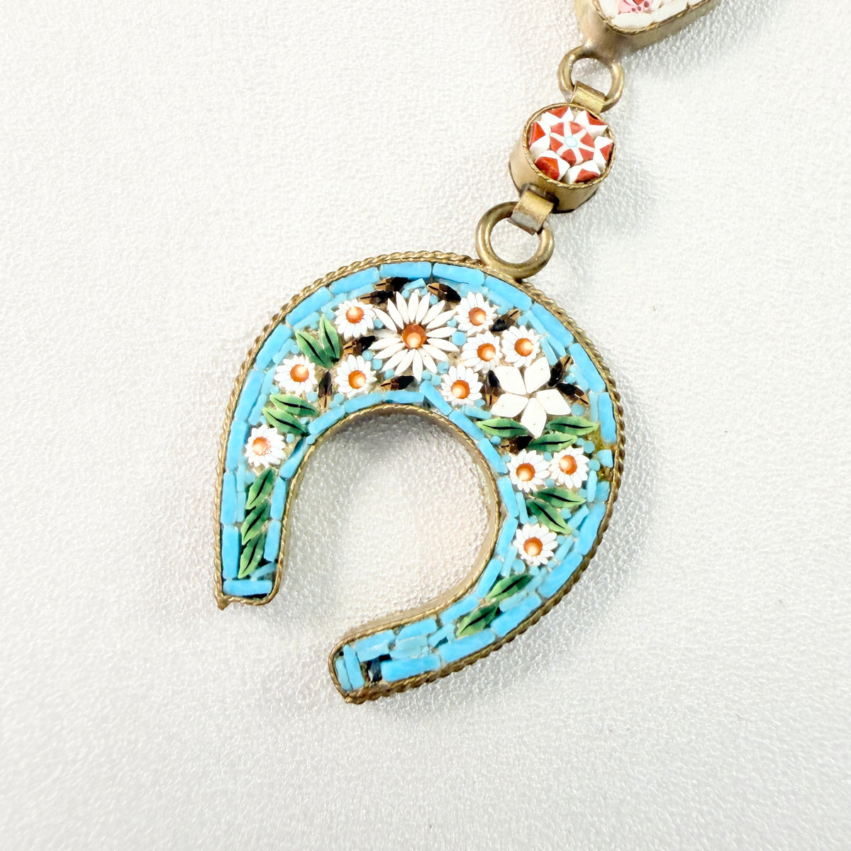 Italy early 1900s. Antique / Vintage Micro Mosaic Lucky Horseshoe Watch Chatelaine Fob.