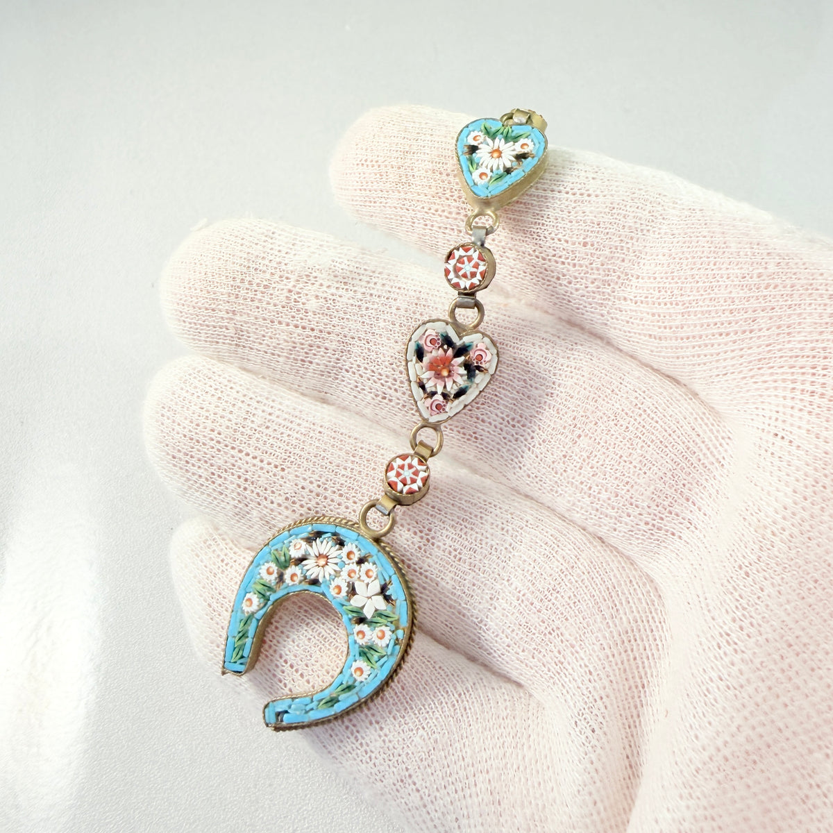 Italy early 1900s. Antique / Vintage Micro Mosaic Lucky Horseshoe Watch Chatelaine Fob.