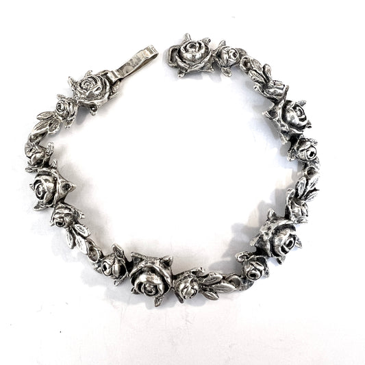 Turun Hopea, Finland 1975. Vintage Solid Silver Rose Flower Bracelet.