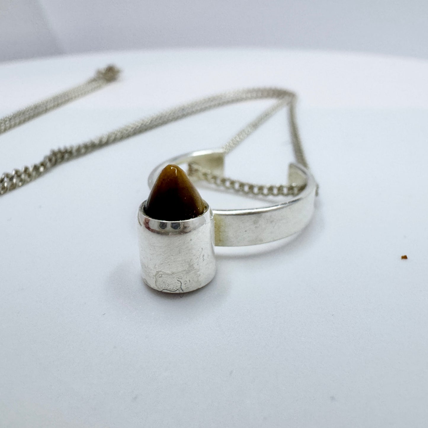 Elis Kauppi, Kupittaan Kulta Finland 1965. Vintage Solid Silver Tiger's Eye Pendant + Chain.