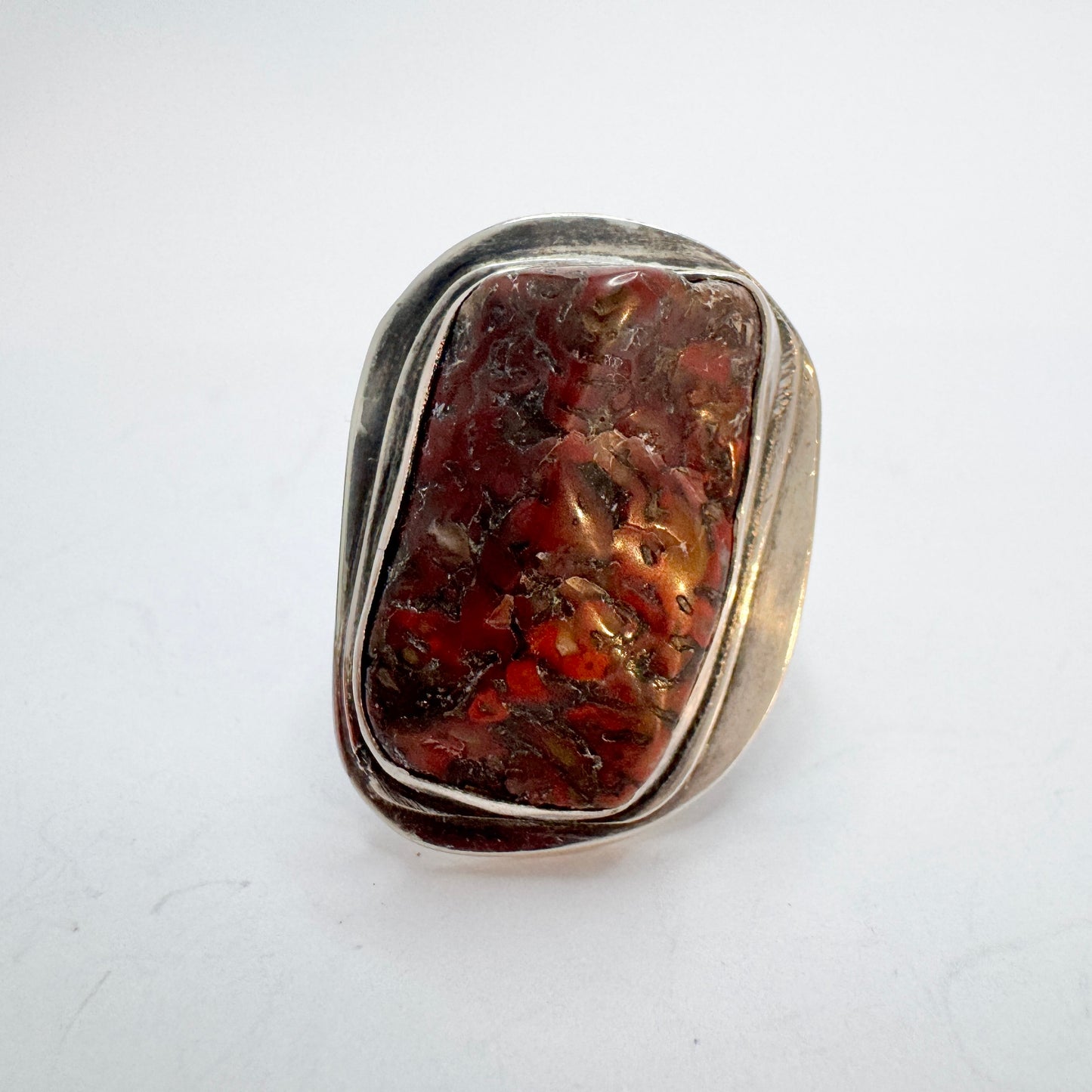Vintage c 1960s Sterling Silver Red Hardstone Unisex Ring. Prob. the USA