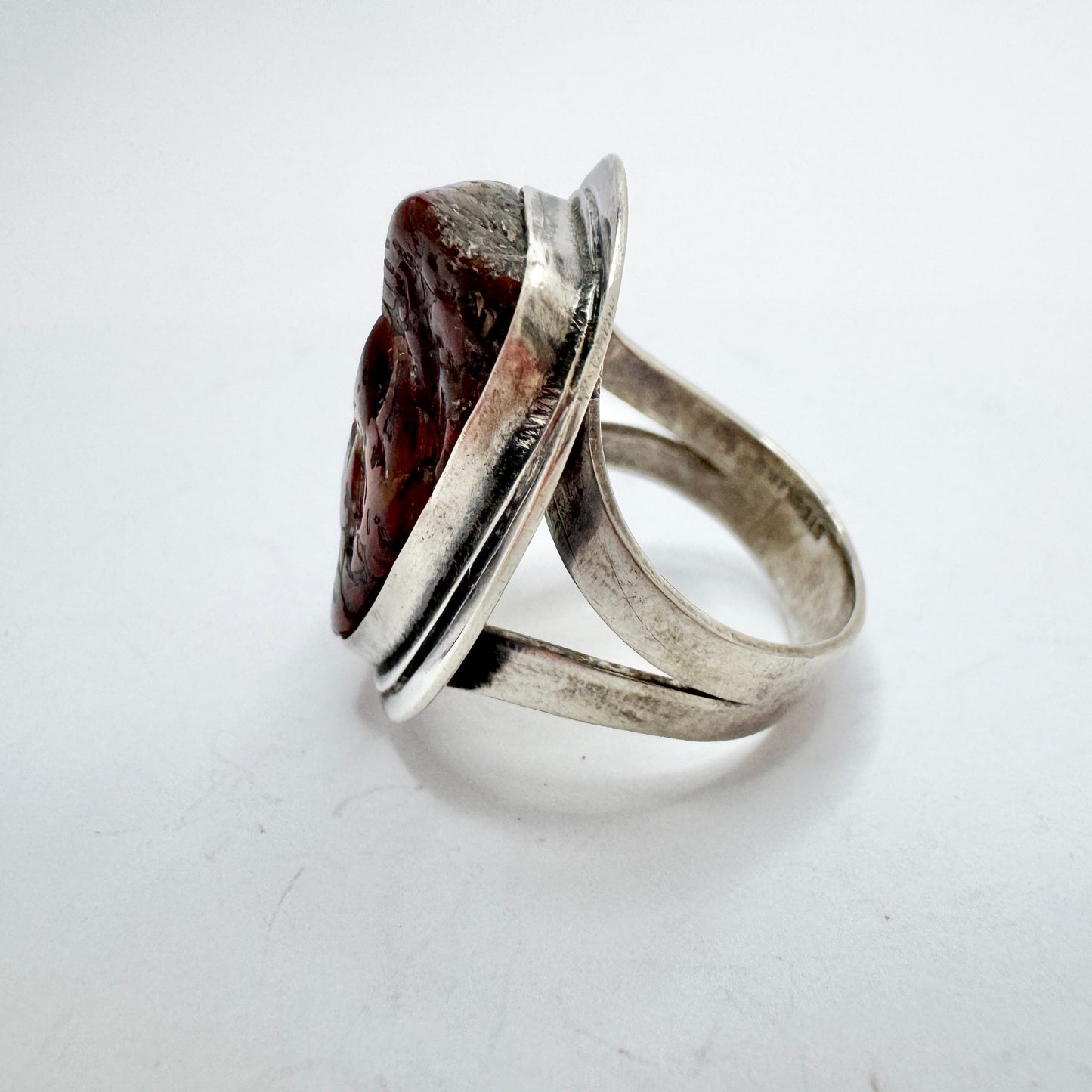 Vintage c 1960s Sterling Silver Red Hardstone Unisex Ring. Prob. the USA