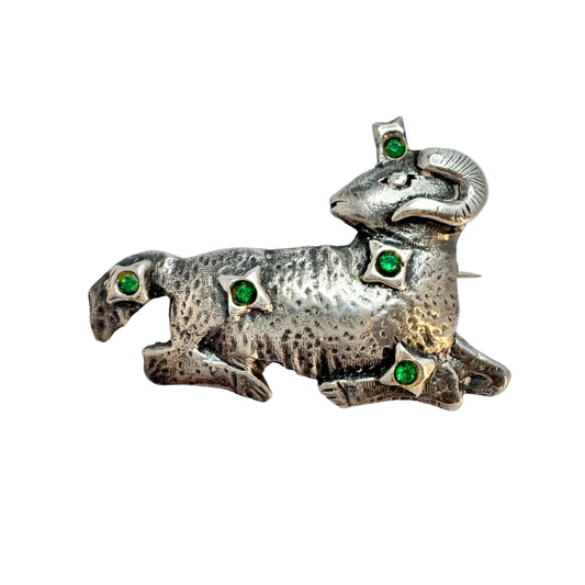 Vintage Aries Zodiac Sterling Silver Green Crystal Brooch. Prob. the USA