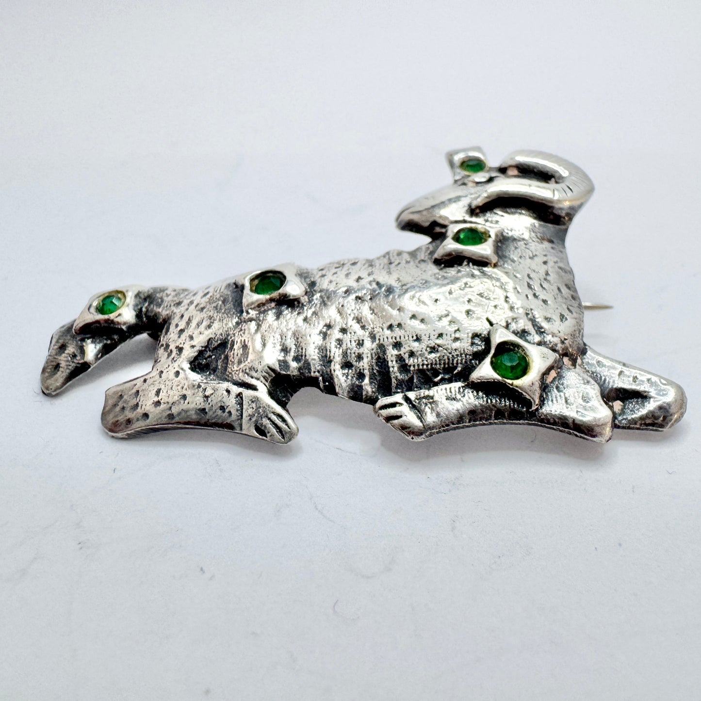 Vintage Aries Zodiac Sterling Silver Green Crystal Brooch. Prob. the USA