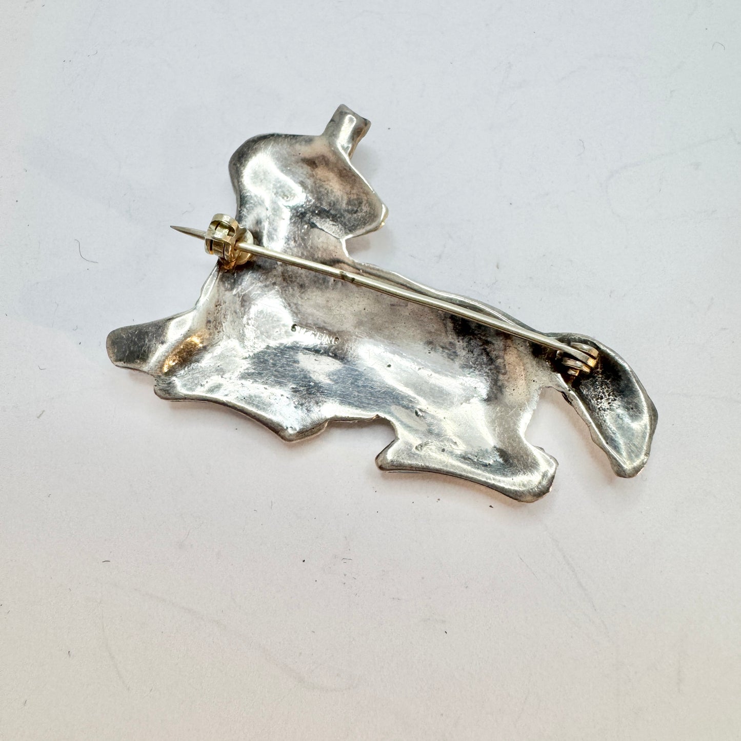 Vintage Aries Zodiac Sterling Silver Green Crystal Brooch. Prob. the USA