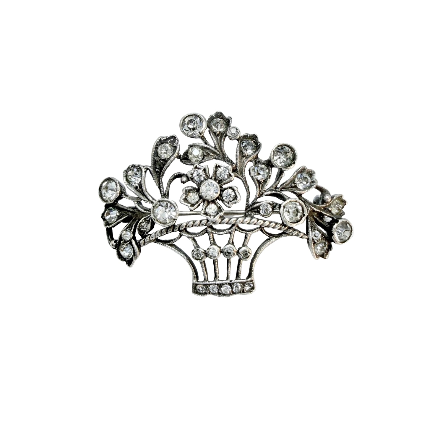 Vintage ca 1940s Sterling Silver Paste Flower Basket Brooch.