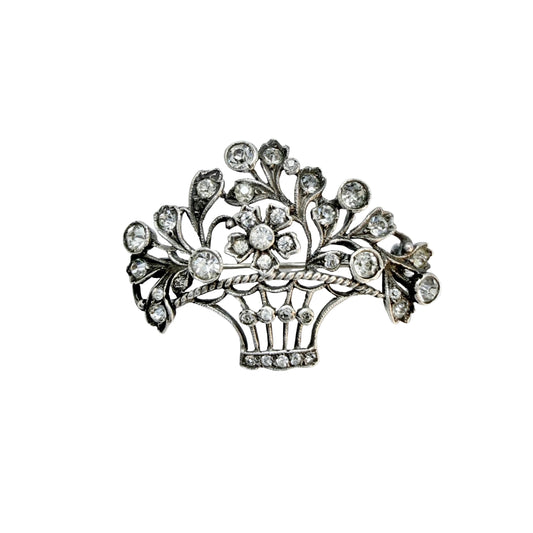 Vintage ca 1940s Sterling Silver Paste Flower Basket Brooch.