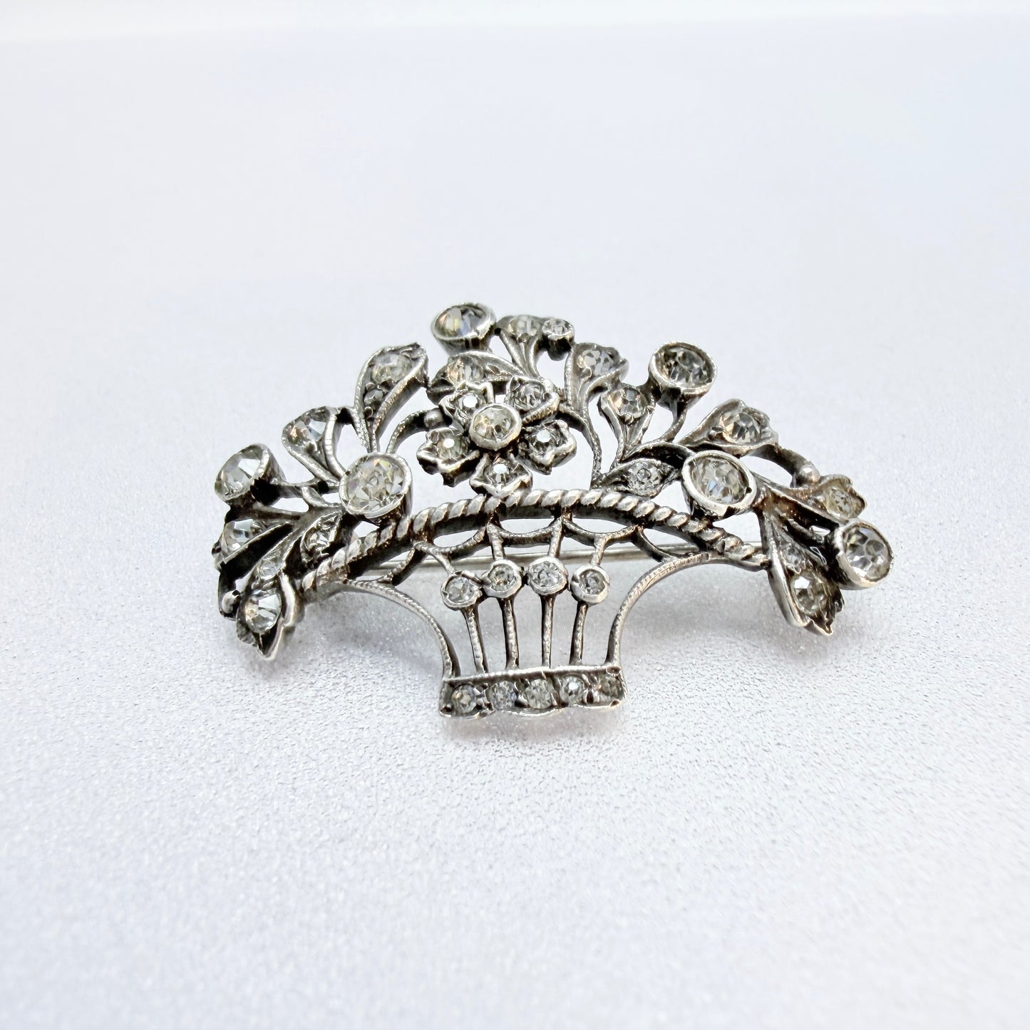 Vintage ca 1940s Sterling Silver Paste Flower Basket Brooch.