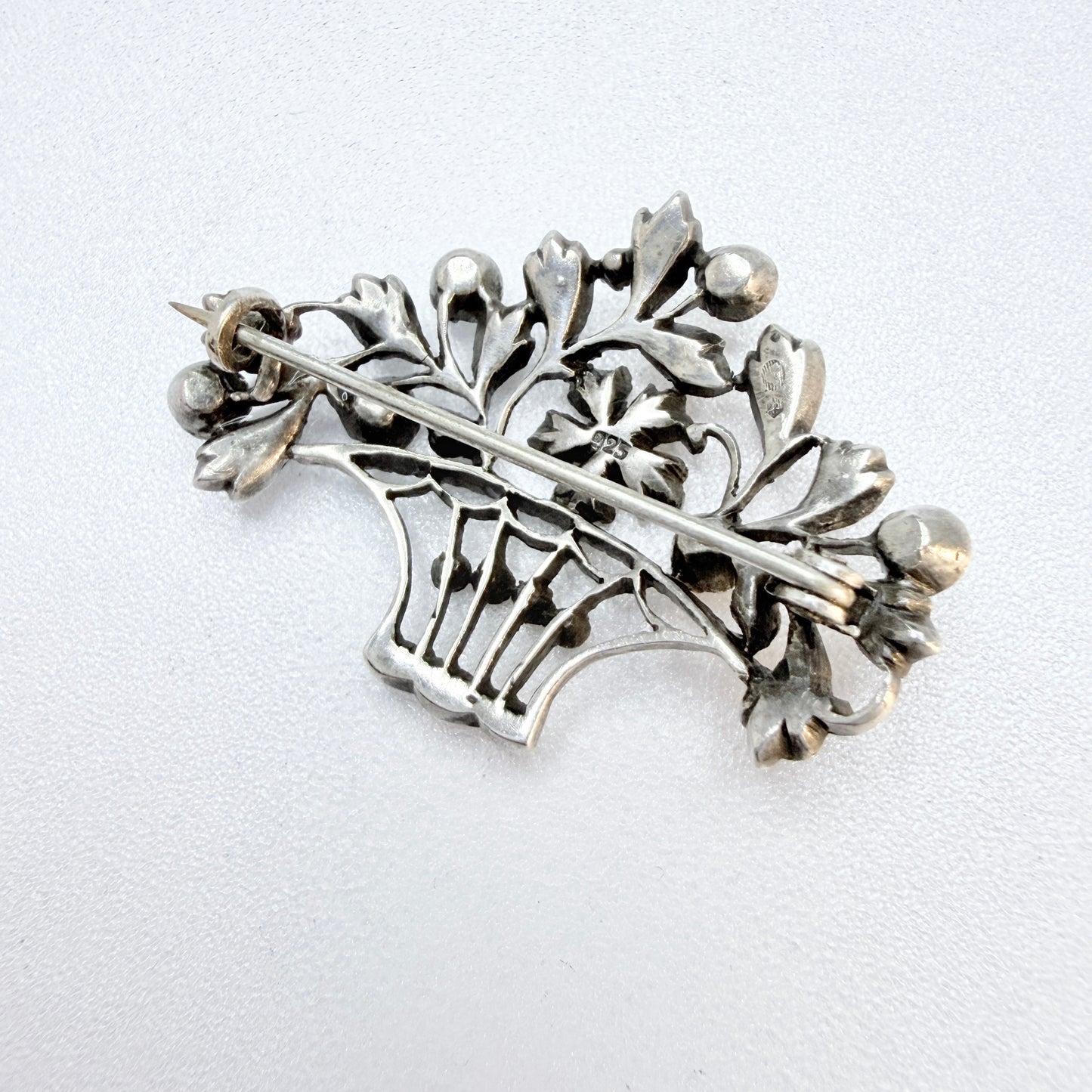 Vintage ca 1940s Sterling Silver Paste Flower Basket Brooch.