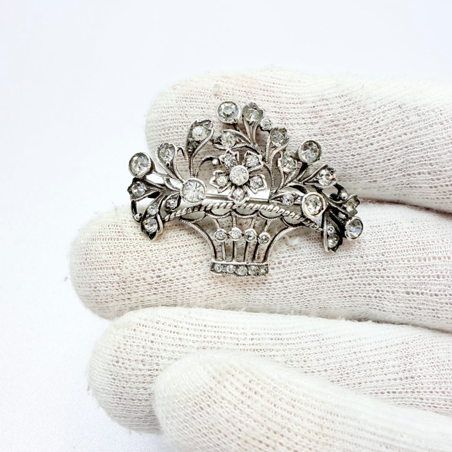 Vintage ca 1940s Sterling Silver Paste Flower Basket Brooch.