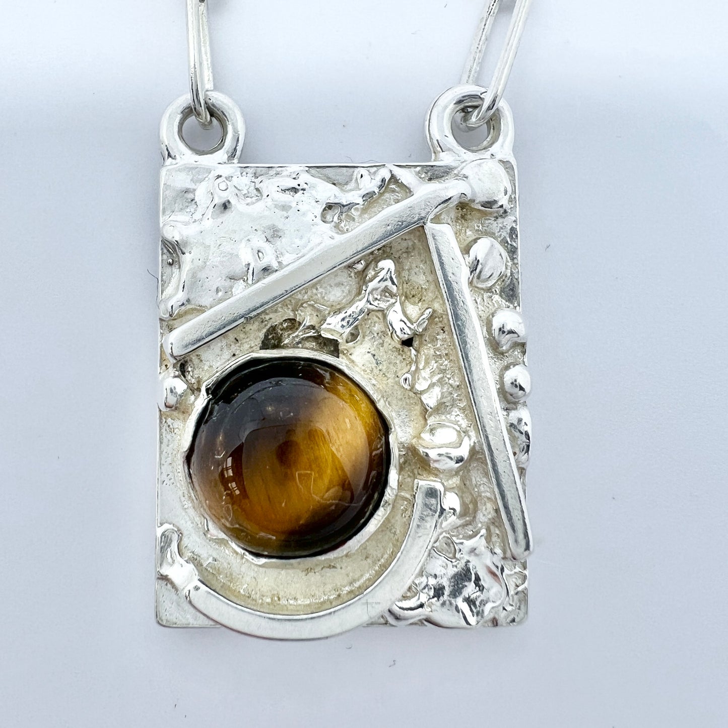 Sweden 1976 Vintage Modernist Sterling Silver Tiger's-Eye Pendant Necklace.