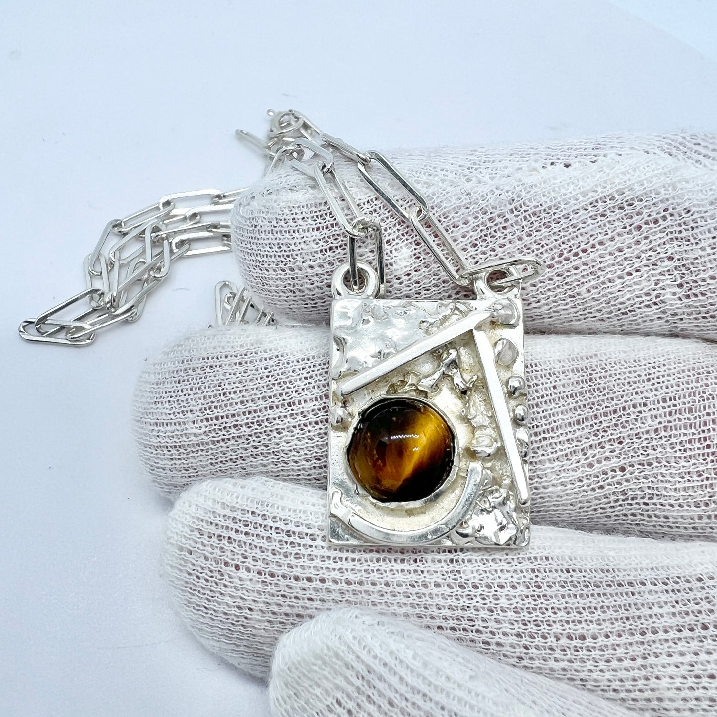 Sweden 1976 Vintage Modernist Sterling Silver Tiger's-Eye Pendant Necklace.