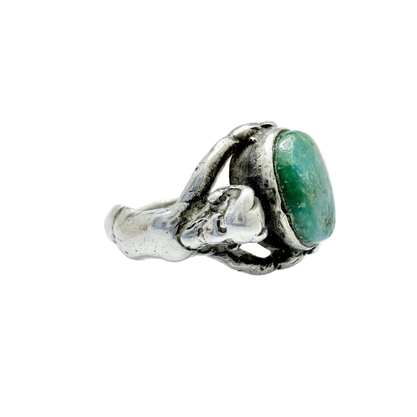 Antique Renaissance Revival Silver Turquoise Satyrs Shoulders Ring.