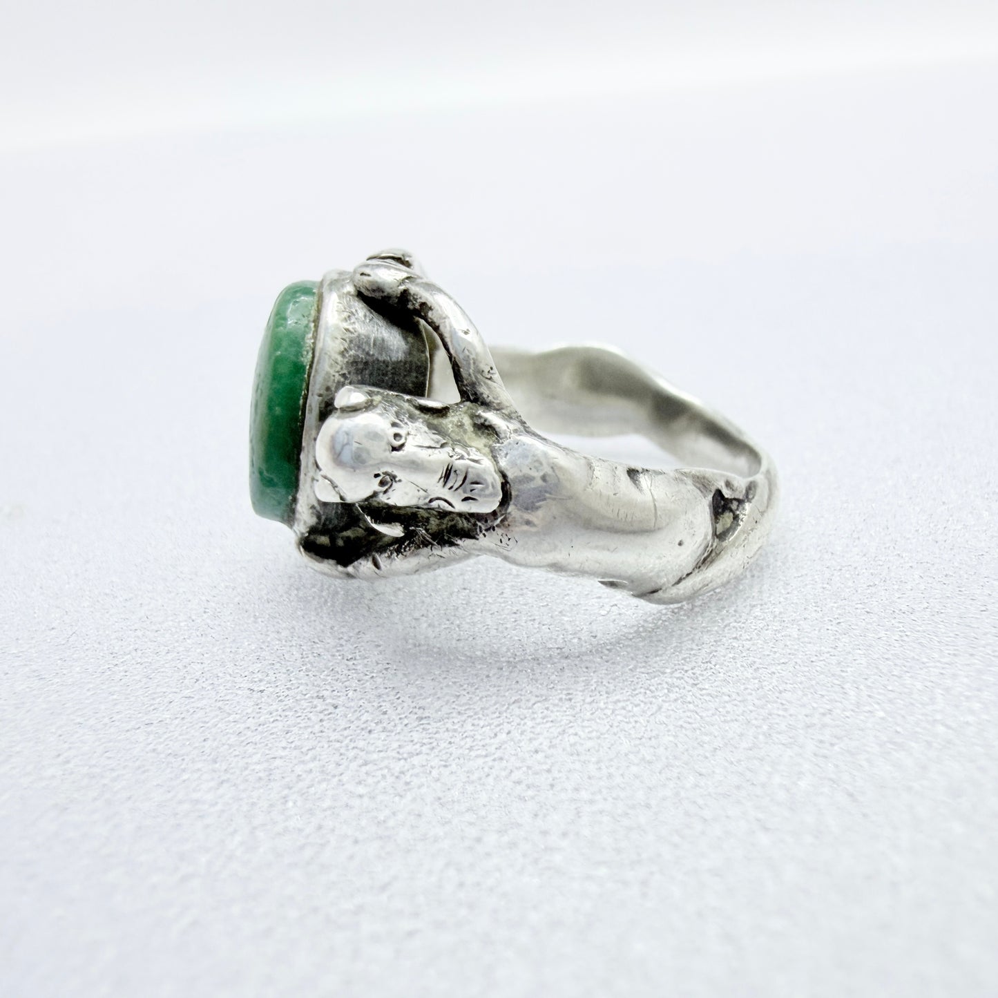 Antique Renaissance Revival Silver Turquoise Satyrs Shoulders Ring.