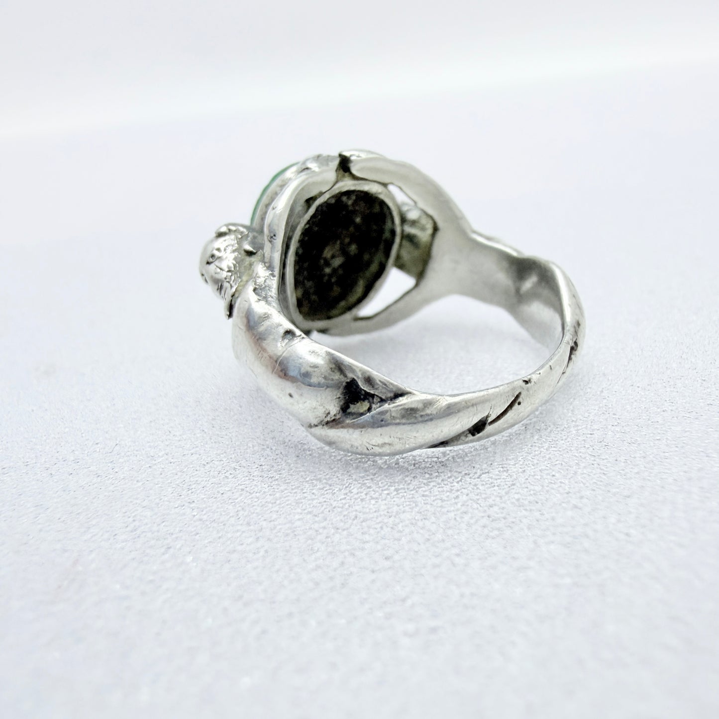 Antique Renaissance Revival Silver Turquoise Satyrs Shoulders Ring.