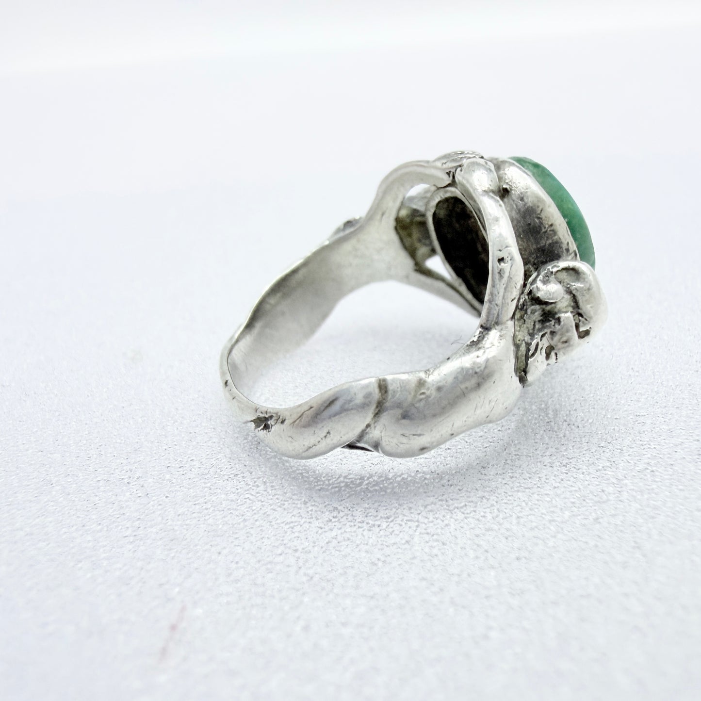 Antique Renaissance Revival Silver Turquoise Satyrs Shoulders Ring.