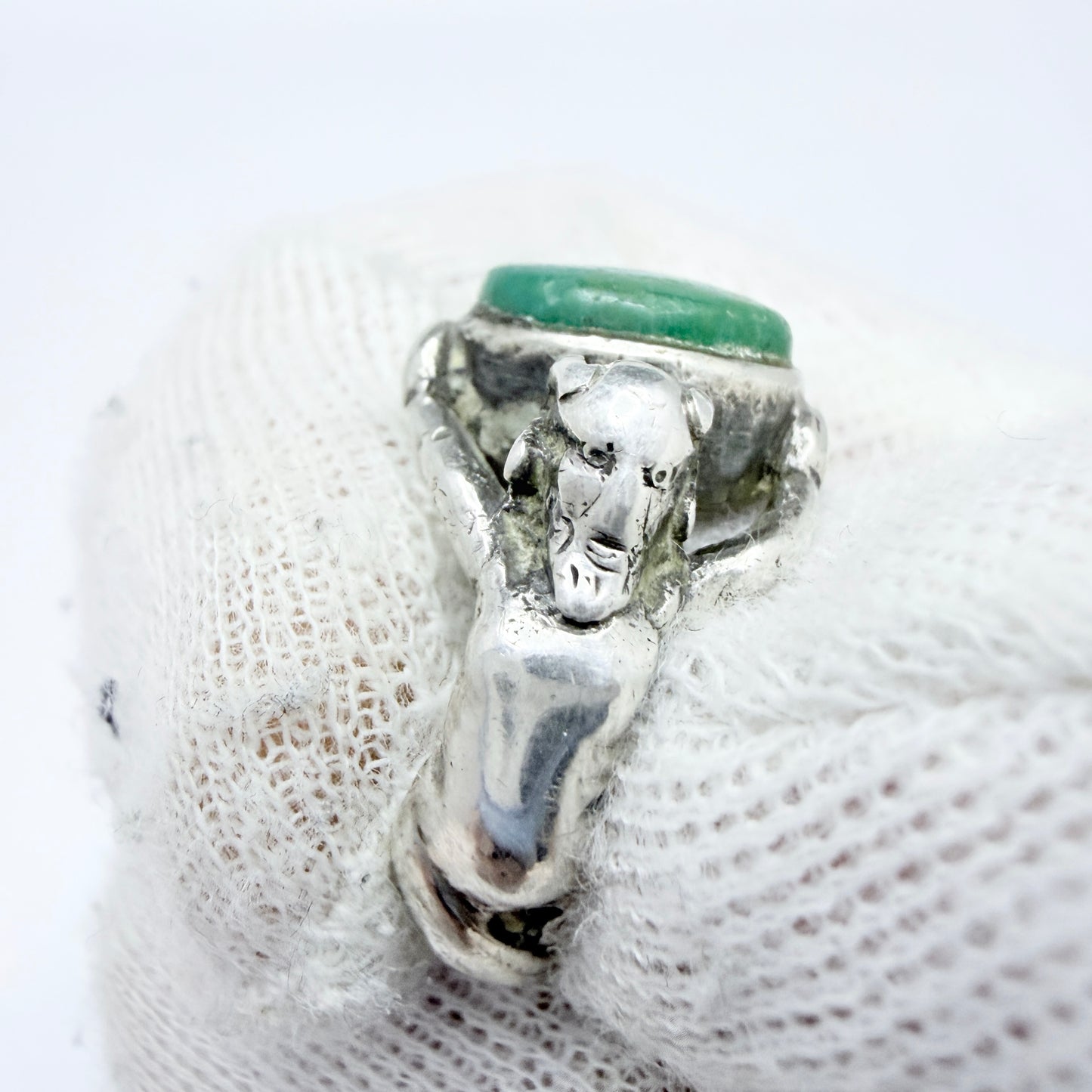 Antique Renaissance Revival Silver Turquoise Satyrs Shoulders Ring.