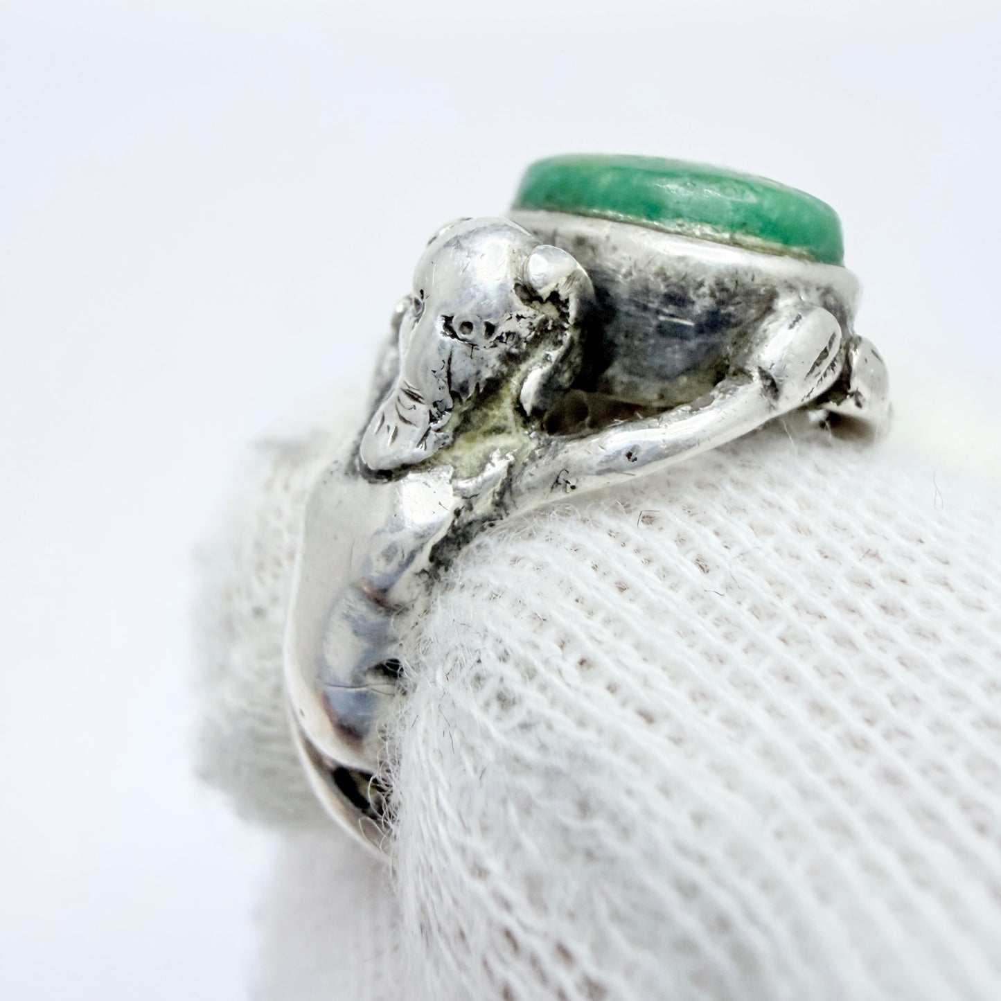 Antique Renaissance Revival Silver Turquoise Satyrs Shoulders Ring.