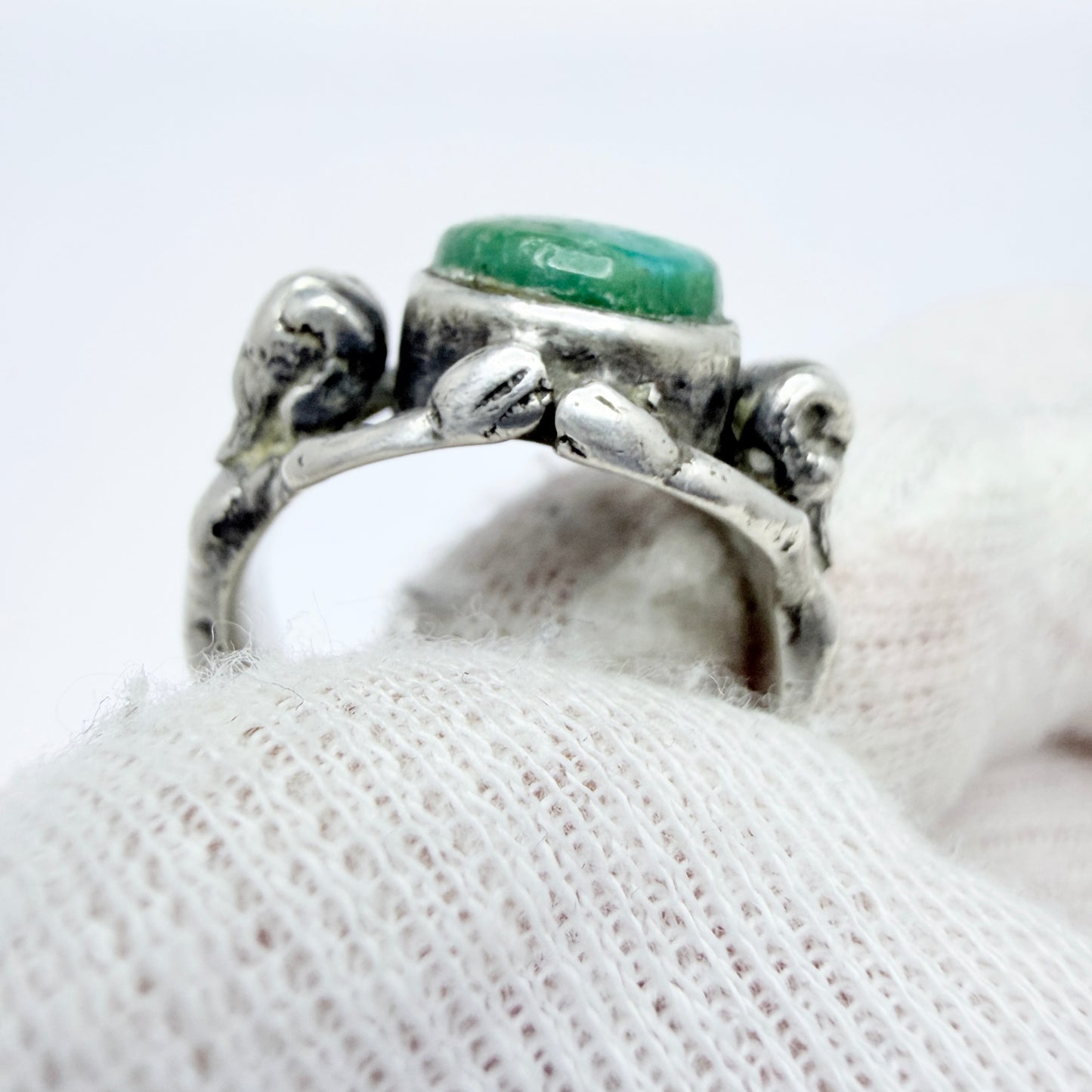 Antique Renaissance Revival Silver Turquoise Satyrs Shoulders Ring.