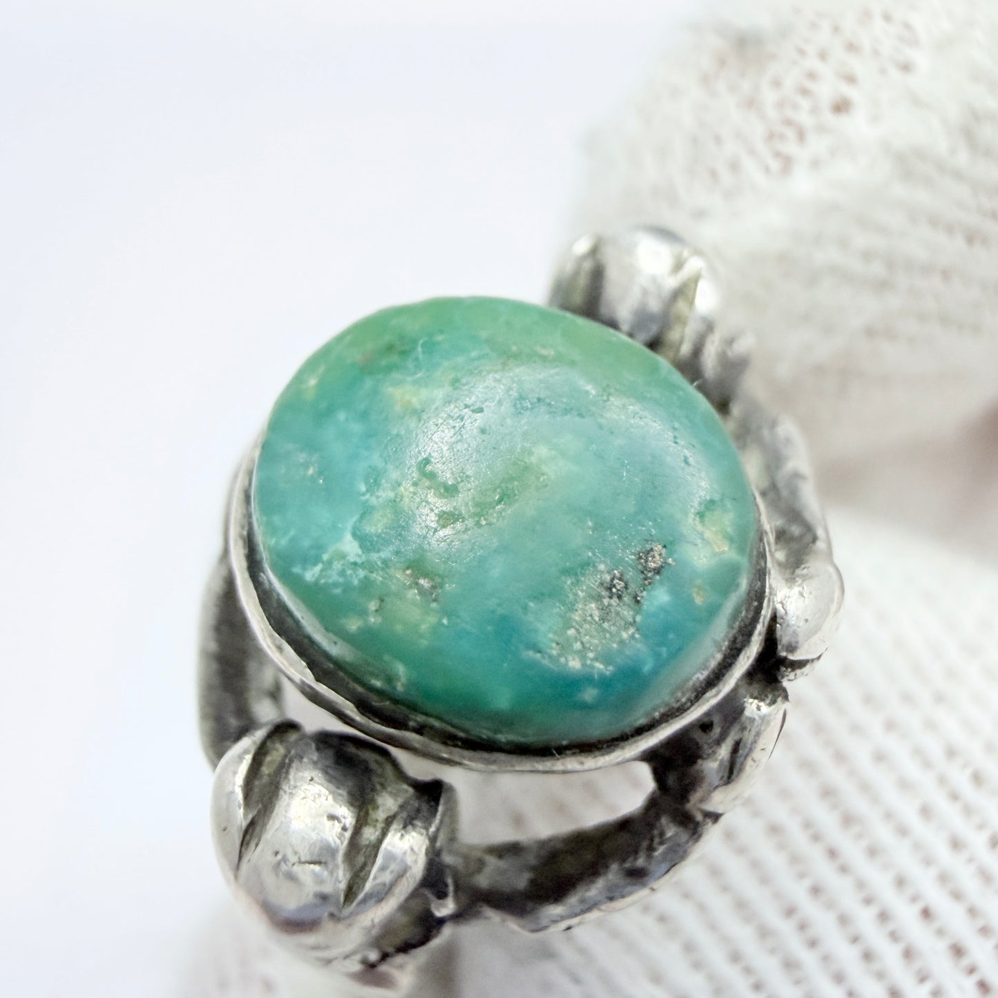 Antique Renaissance Revival Silver Turquoise Satyrs Shoulders Ring.