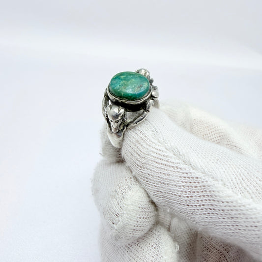 Antique Renaissance Revival Silver Turquoise Satyrs Shoulders Ring.