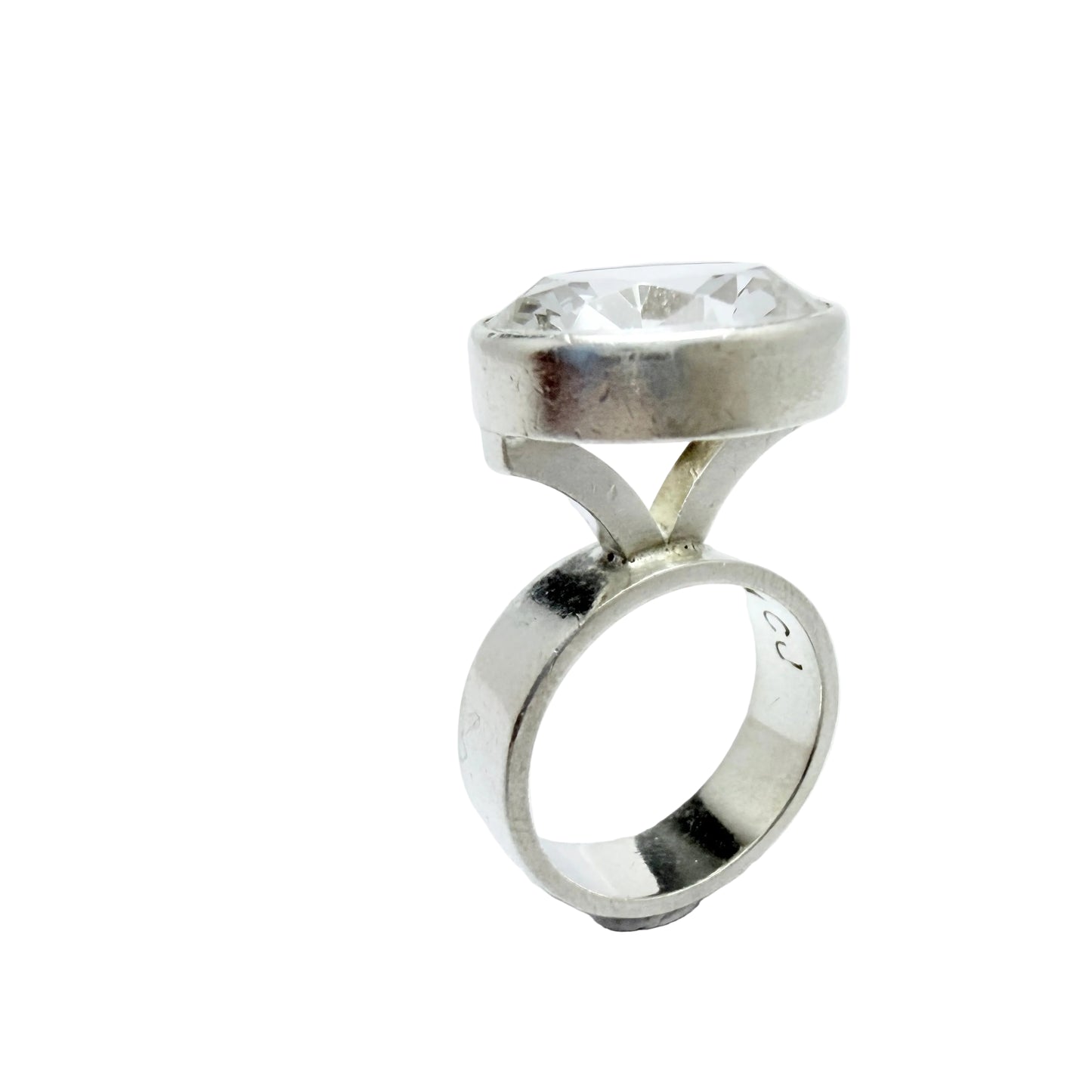 Cecilia Johansson, Sweden 1964. Vintage Modernist Sterling Silver Rock Crystal Ring. Signed.