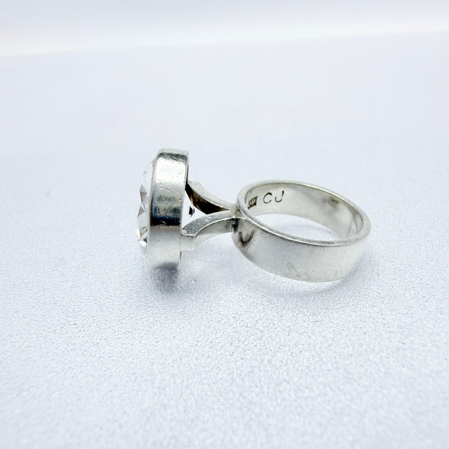 Cecilia Johansson, Sweden 1964. Vintage Modernist Sterling Silver Rock Crystal Ring. Signed.