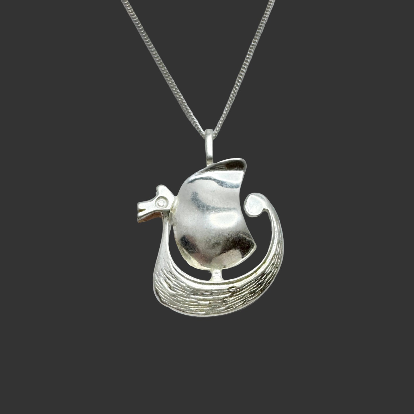 Denmark / Norway. Vintage Solid Silver Viking Ship Pendant Unisex Necklace