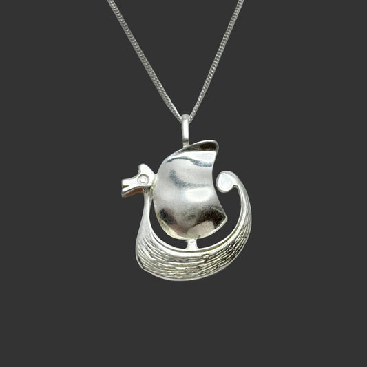 Denmark / Norway. Vintage Solid Silver Viking Ship Pendant Unisex Necklace